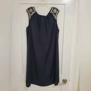 Tory Burch navy blue dress w/ silver embellishments + beading